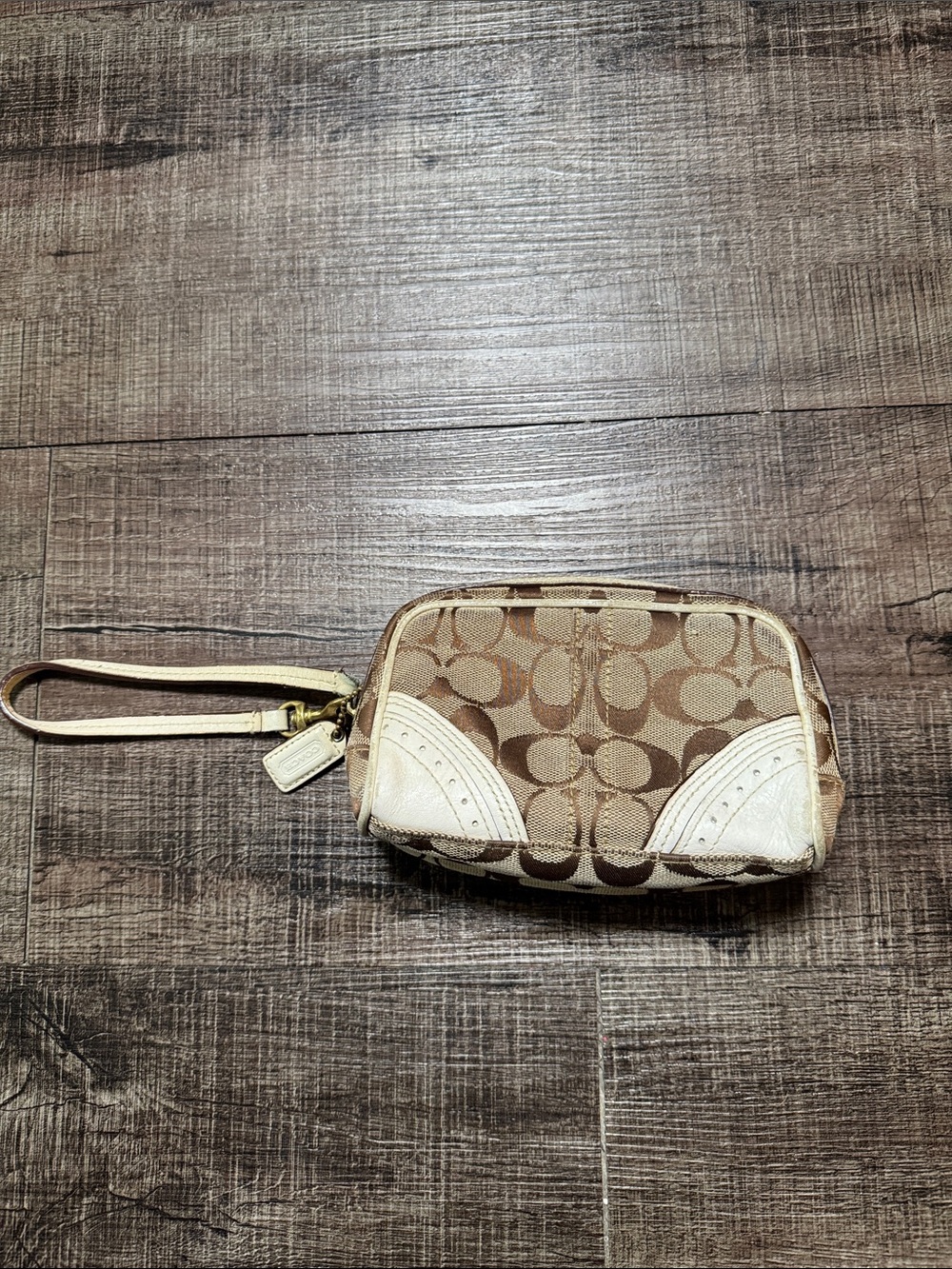 Coach Brown Signature Canvas Wristlet with Cream Leather Accents